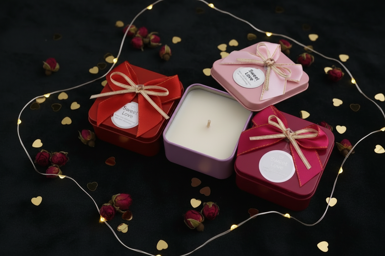 Sweet Love ribbon bow candle tins on dark velvet with gold confetti and fairy lights