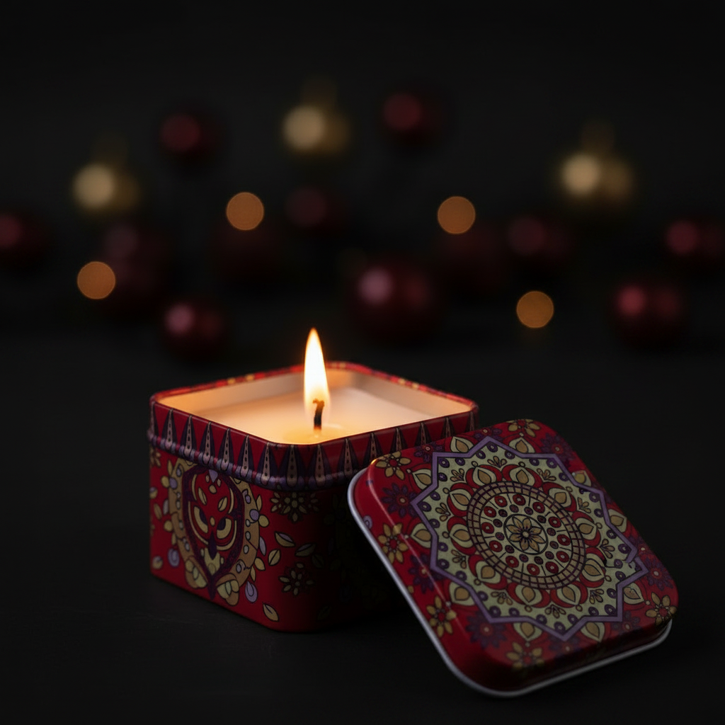 Square mandala candle tins studio shot all designs in two rows on white