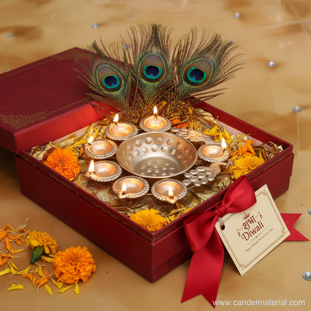 Gold peacock diya urli in luxury Diwali gift box with gold tissue, peacock feathers and red ribbon