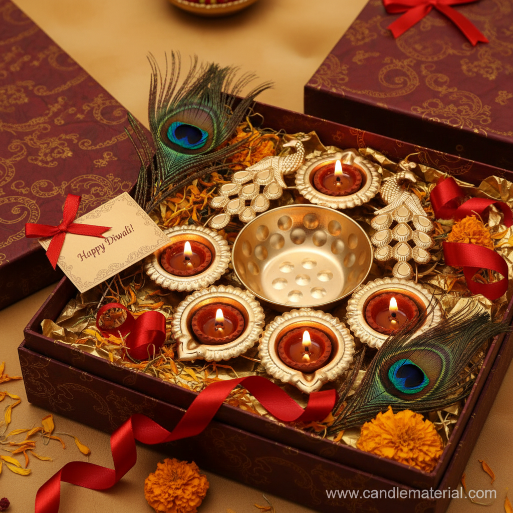 Gold twin peacock diya urli in luxury Diwali gift box with gold tissue, peacock feathers and red ribbon
