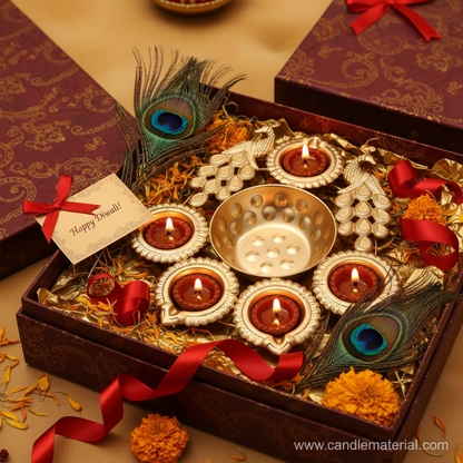 Gold twin peacock diya urli in luxury Diwali gift box with gold tissue, peacock feathers and red ribbon