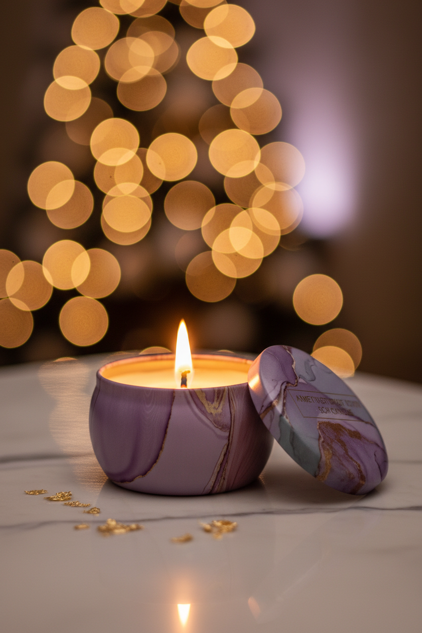 Marble candle tin close-up with glowing flame