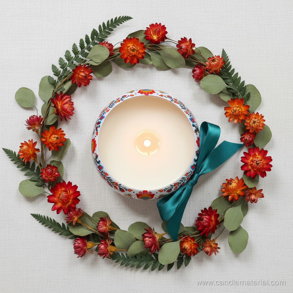 Flat lay of folk floral candle bowl with dried flowers and teal ribbon