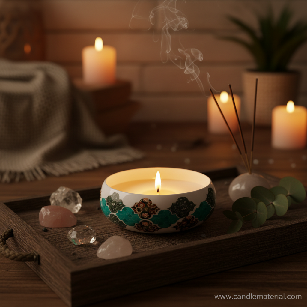 Teal tile candle bowl in boho spa interior with crystals and eucalyptus