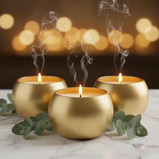 Three gold candle tins as gift set with eucalyptus