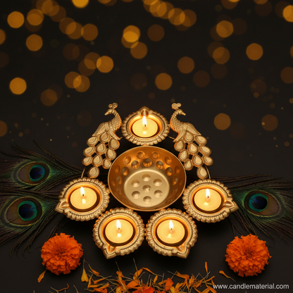 Gold twin peacock diya urli with glowing tealights, dark moody background with golden bokeh