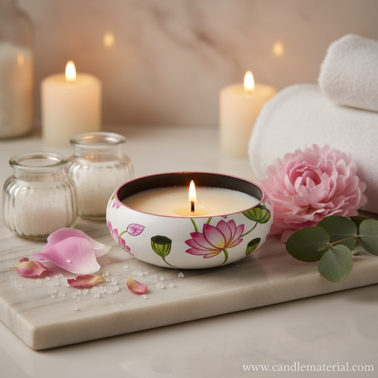 Pink lotus candle bowl in luxury spa bathroom setting