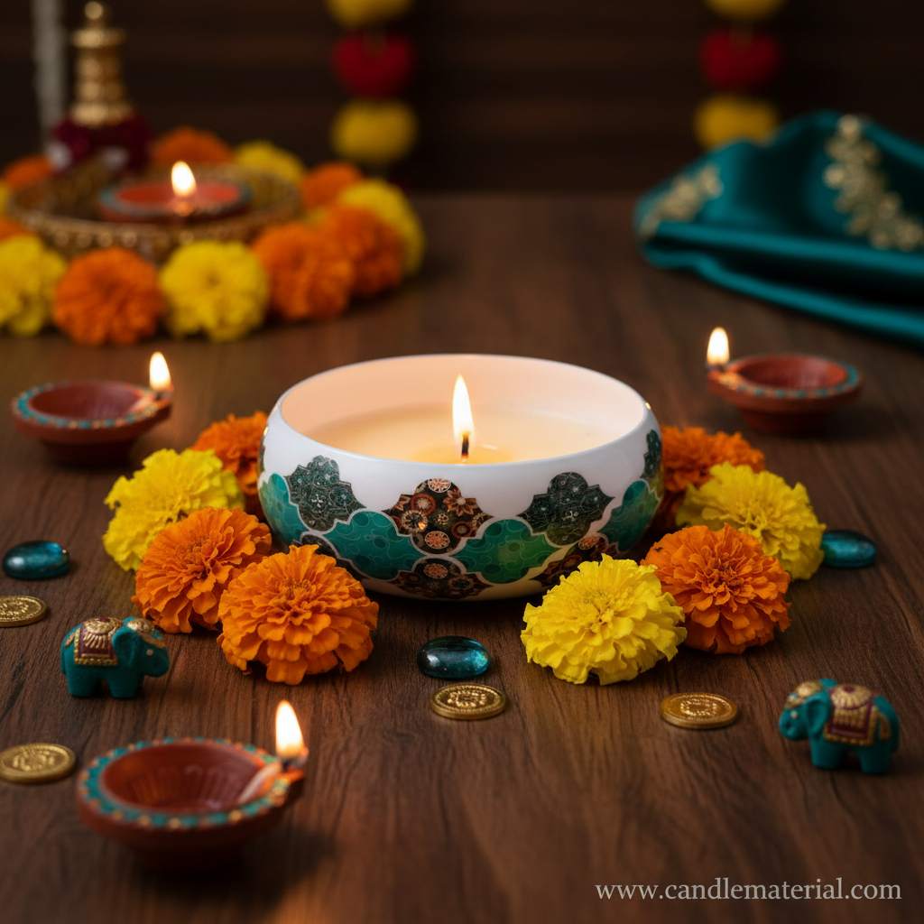 Teal tile candle bowl in festive Diwali setup with marigolds and diyas
