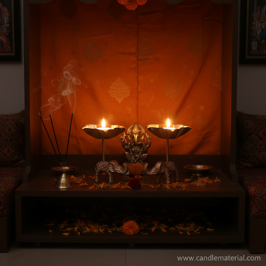 Elephant tall stem lotus diya holders in puja room interior