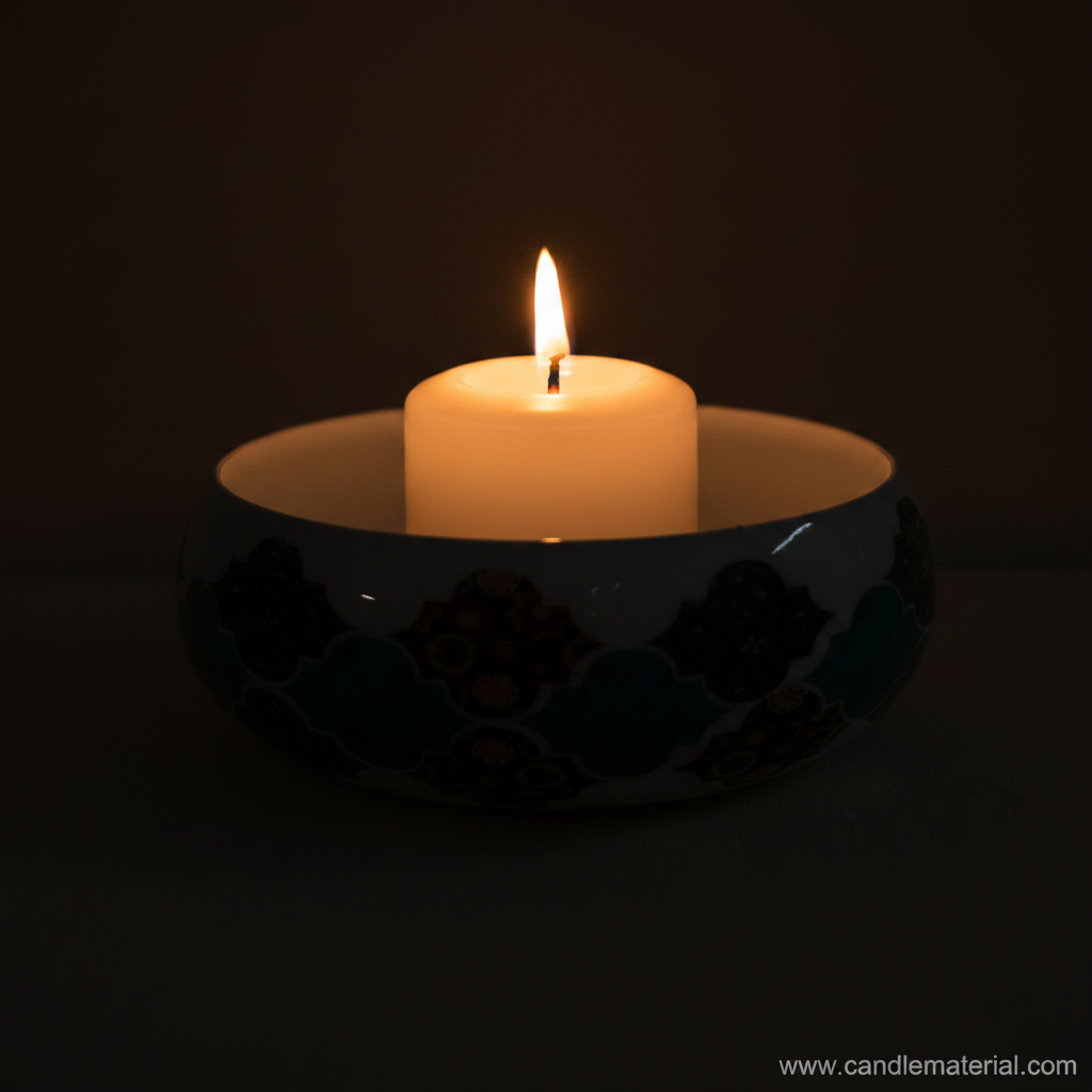 Teal tile candle bowl with lit candle, dark moody background