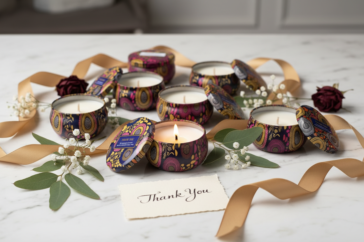 Thank You candle tins corporate gifting with fresh flowers and handwritten card