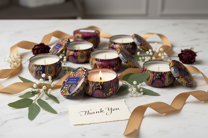Thank You candle tins corporate gifting with fresh flowers and handwritten card