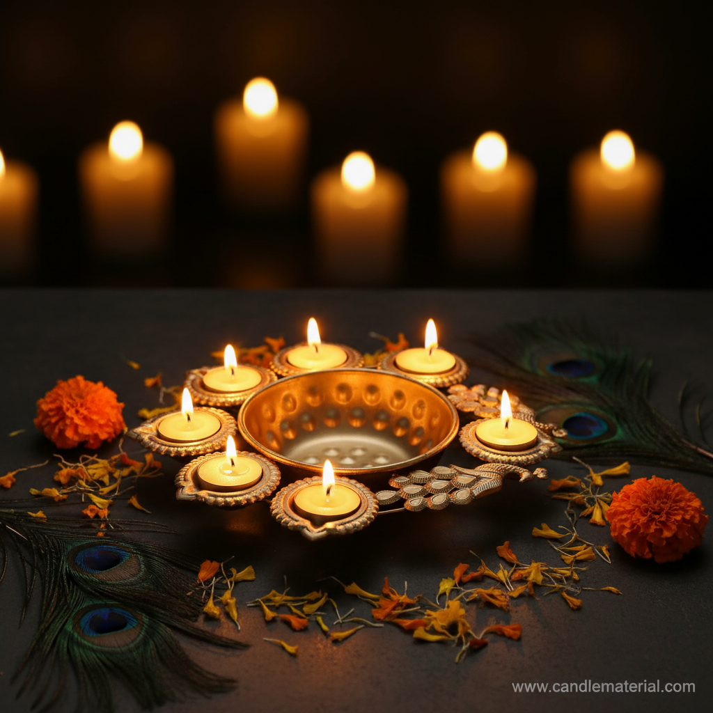 Gold peacock diya urli with glowing tealights, dark moody background with golden bokeh