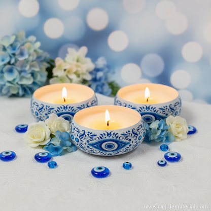 Three evil eye candle bowls as luxury gift set with blue flowers