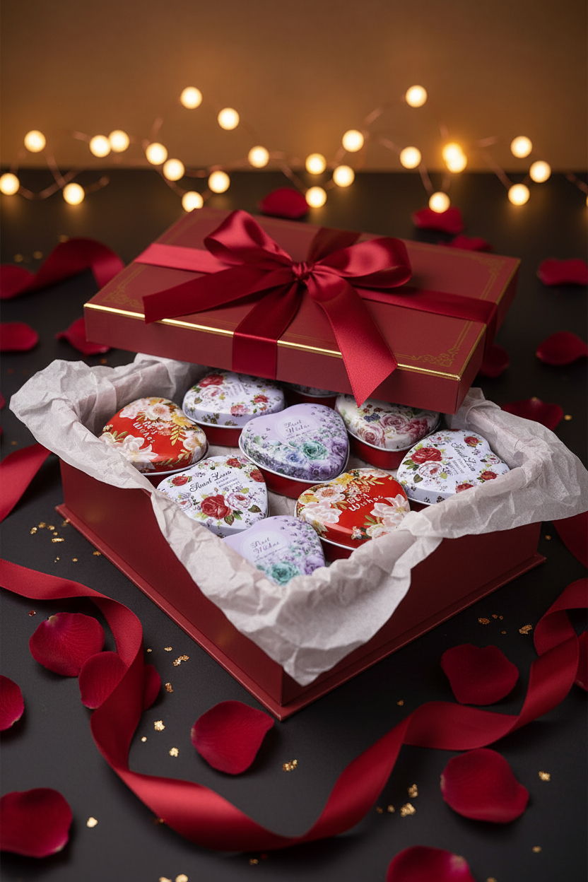 Floral heart candle tins in decorative gift box with satin ribbon and rose petals