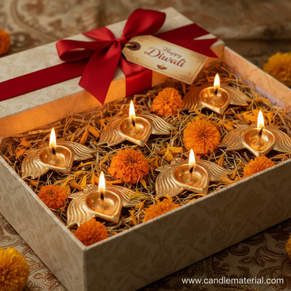 Set of gold lotus diyas in luxury Diwali gift box with gold tissue and red ribbon