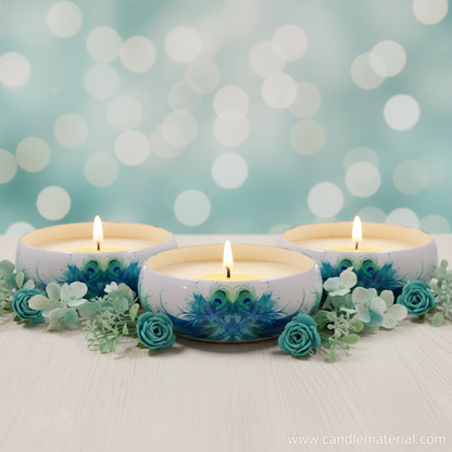 Three peacock candle bowls as luxury gift set with teal flowers