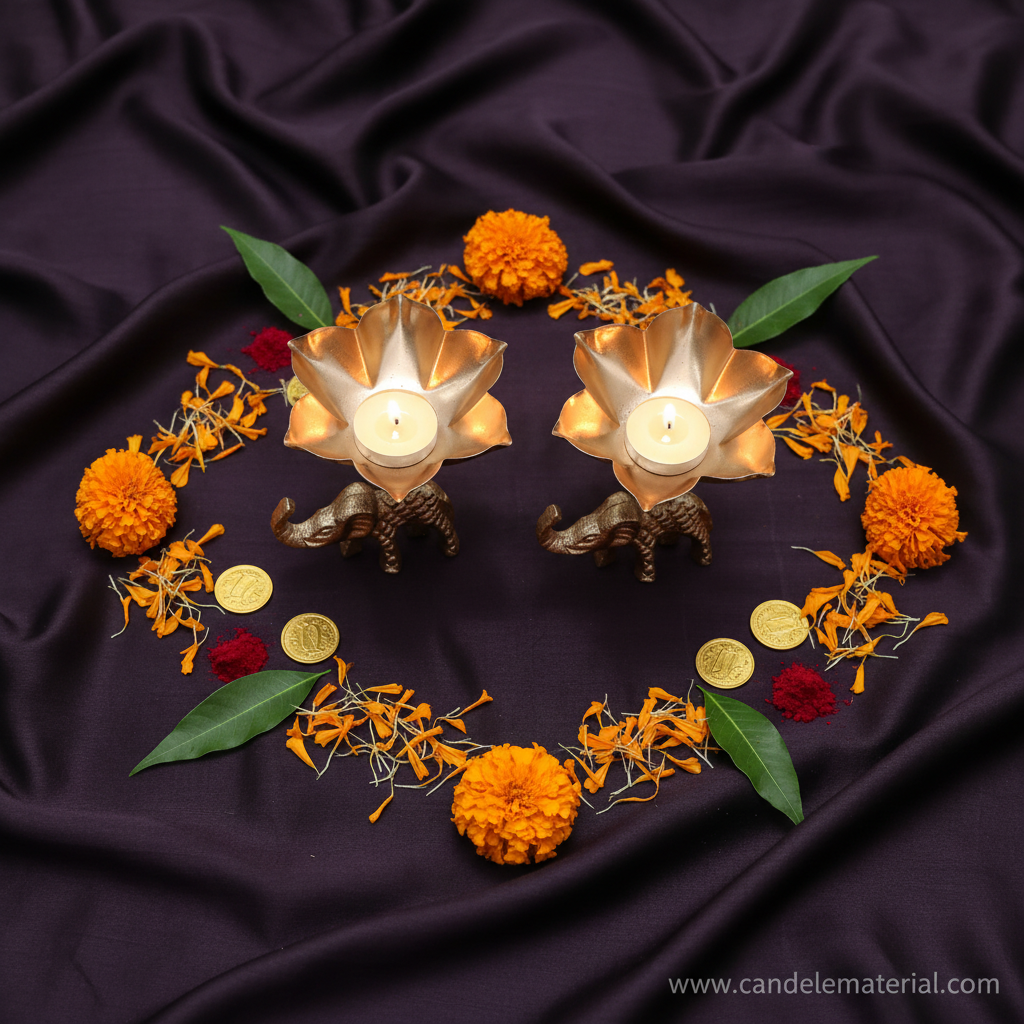 Flat lay of elephant tall stem lotus diya holders with puja styling and gold coins