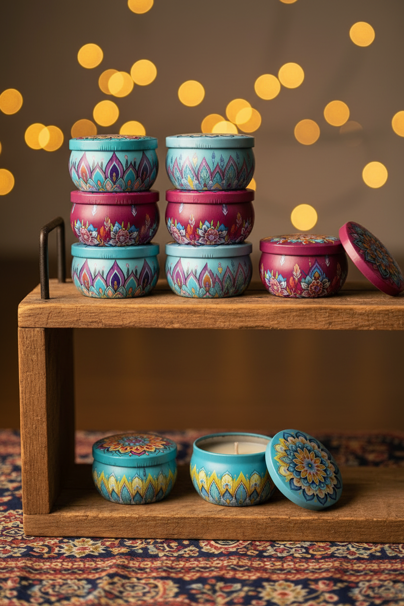 Mandala candle tins on rustic wooden shelf with fairy lights