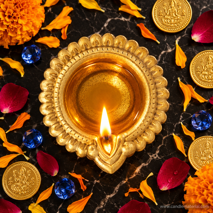 Overhead flat lay of gold kuber diya with lit flame on dark marble with marigold petals and gems