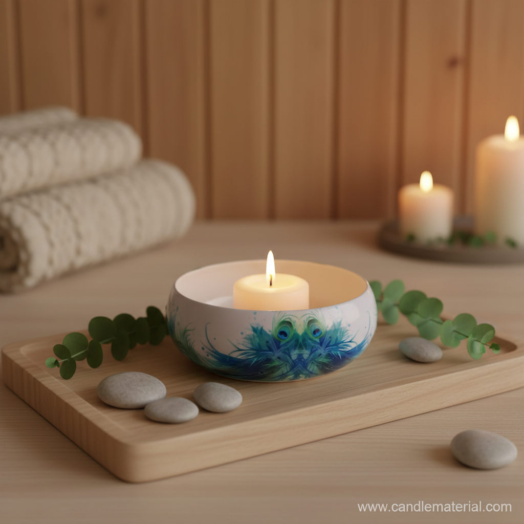 Peacock candle bowl in cozy spa home interior