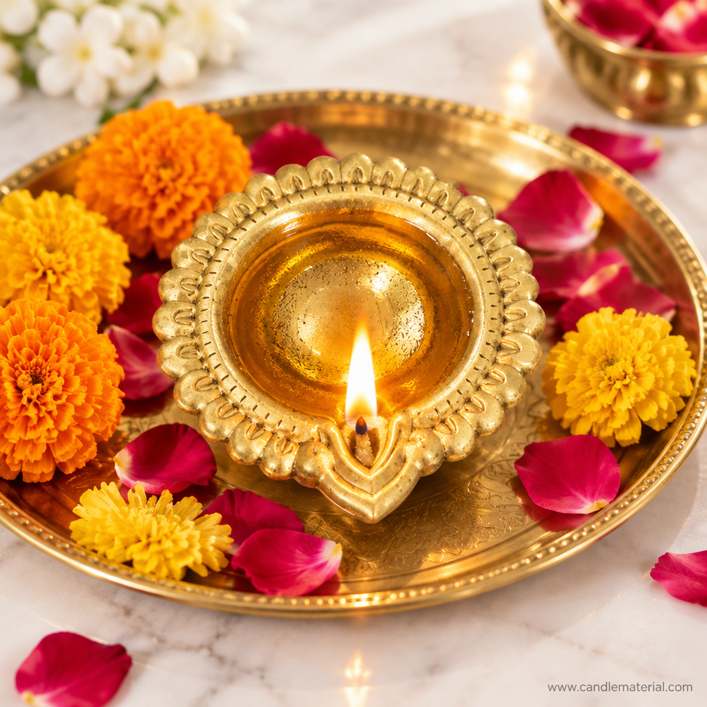 Gold kuber diya with lit oil flame on brass pooja thali with marigold flowers on marble surface