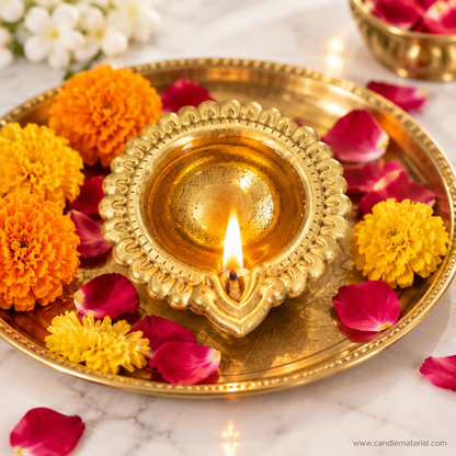 Gold kuber diya with lit oil flame on brass pooja thali with marigold flowers on marble surface