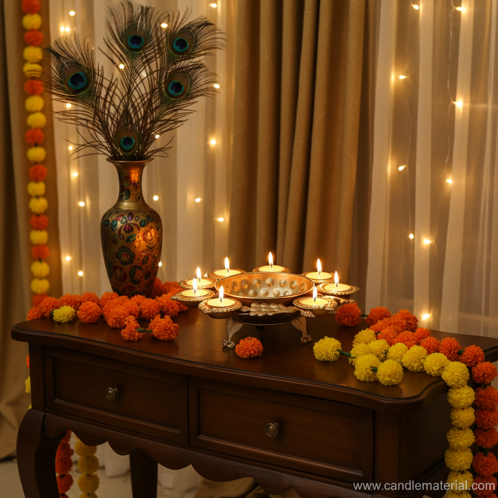 Gold peacock diya urli with 7 glowing diyas on console table in festive Indian home interior