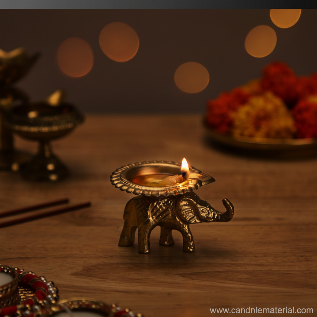 Brass elephant diya with lit candle, dark moody background with bokeh