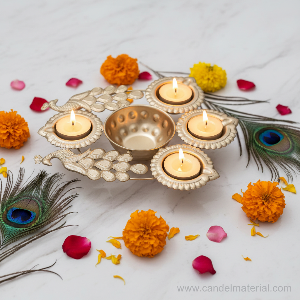 Gold compact twin peacock diya urli with 4 lit diyas on marble surface with marigold flowers and peacock feathers