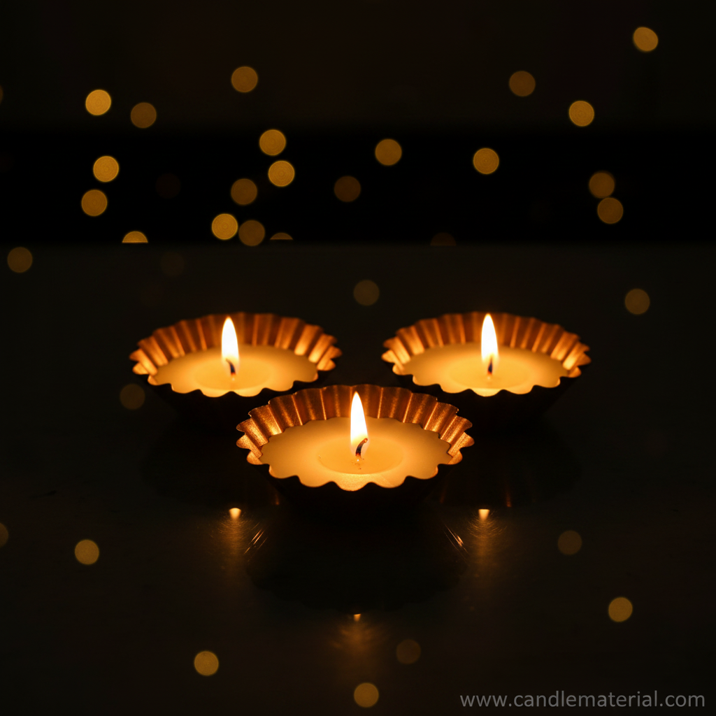Scalloped diya bowls with lit candles, dark moody background with bokeh