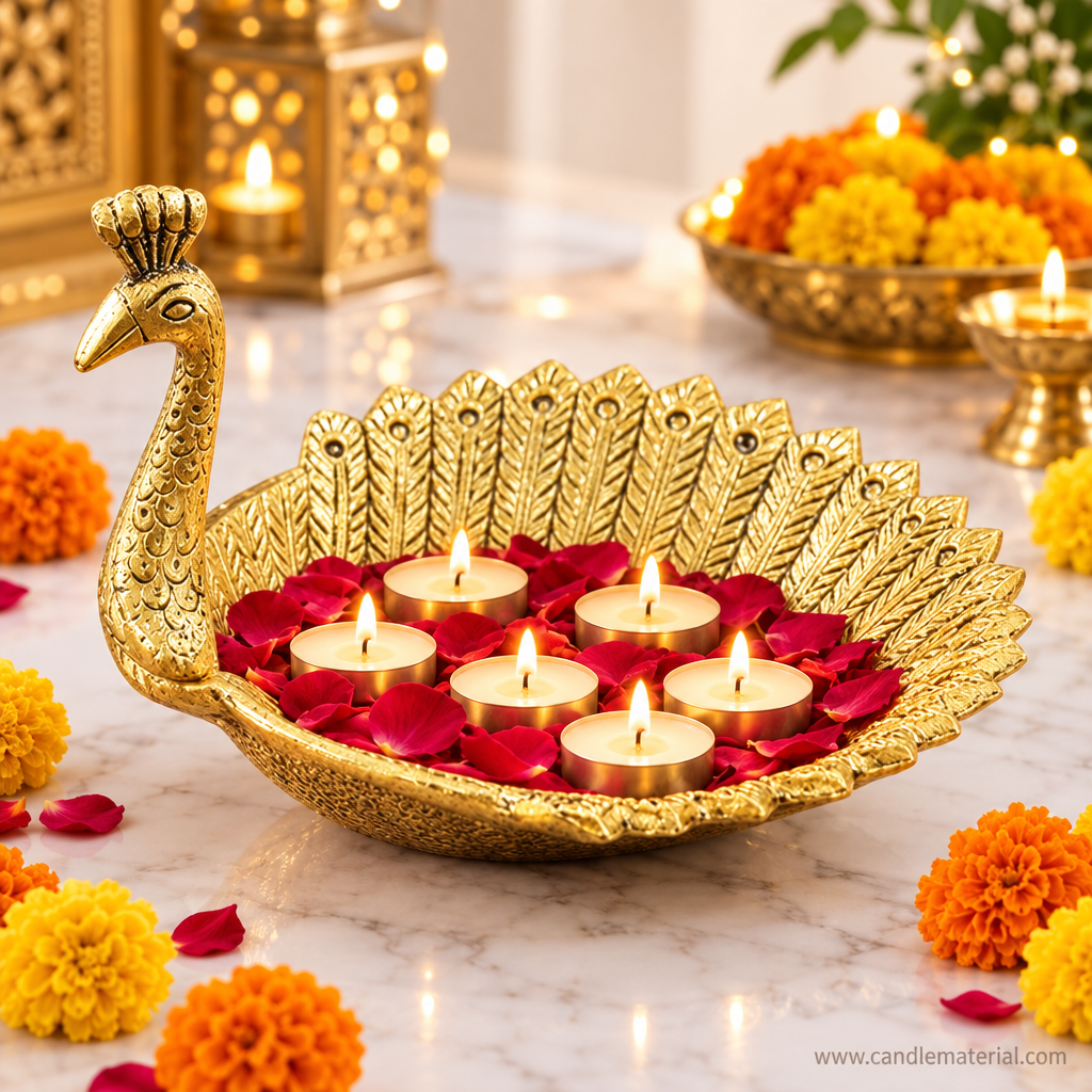 Gold peacock tray with lit tealight candles and rose petals on marble surface with marigold flowers