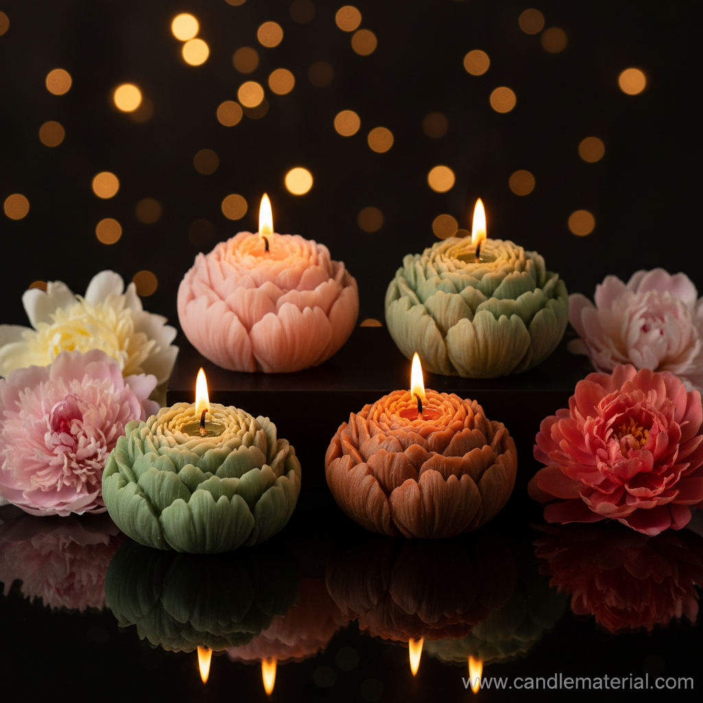 Multiple peony candles in pink green and terracotta with lit flames, dark moody background