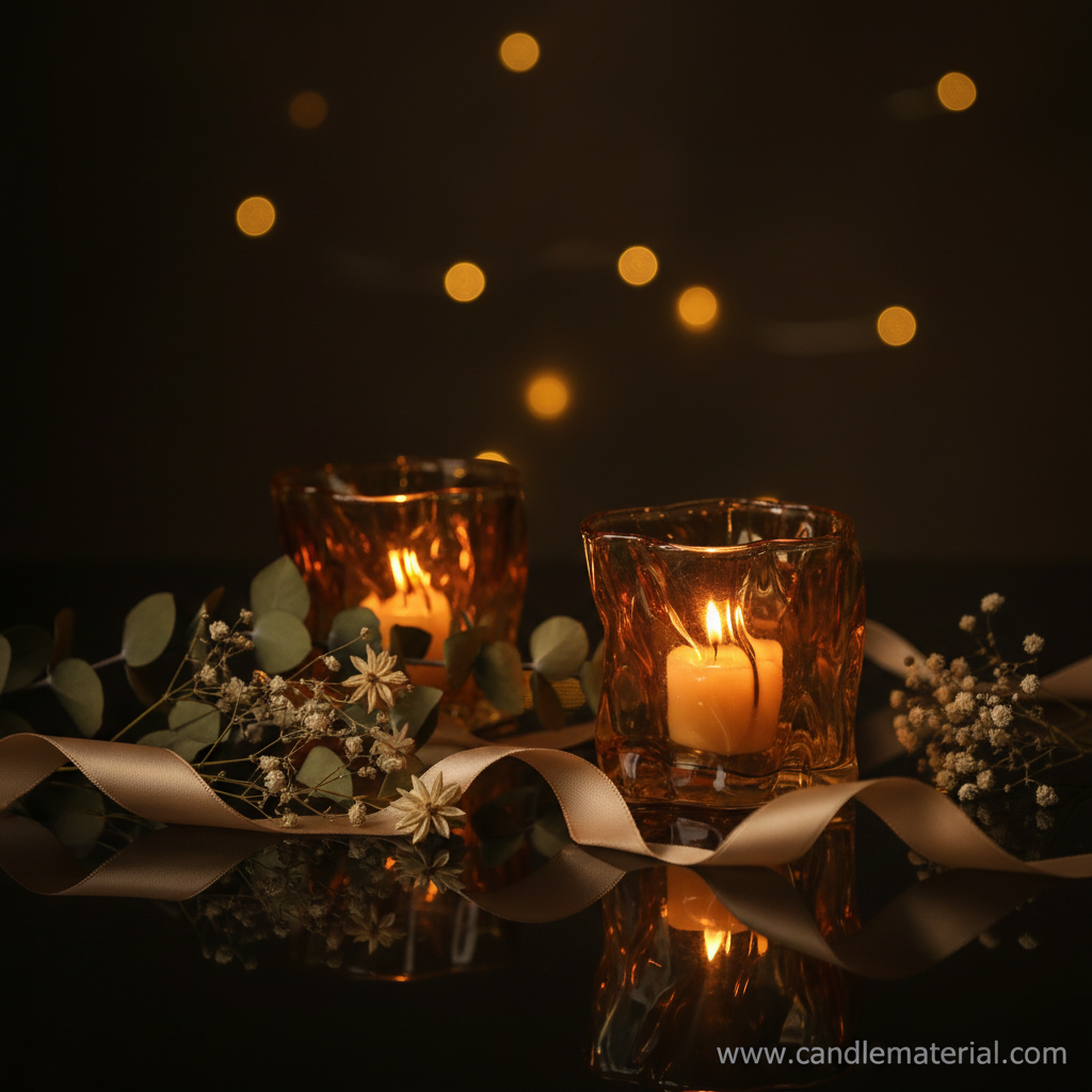 Two amber crinkle glass candle jars with lit candles, dark moody background