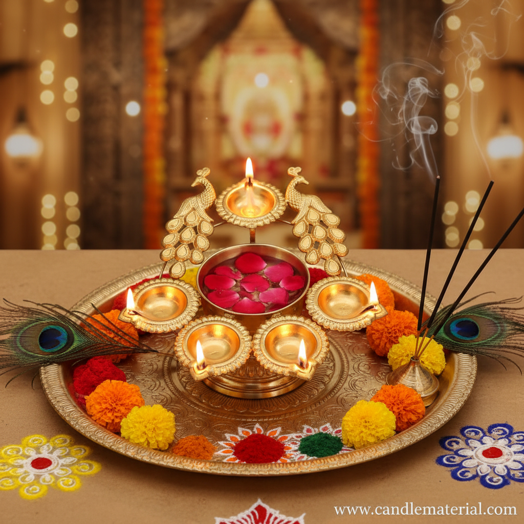 Gold twin peacock diya urli on pooja thali with floating petals, marigold garland, peacock feathers and rangoli