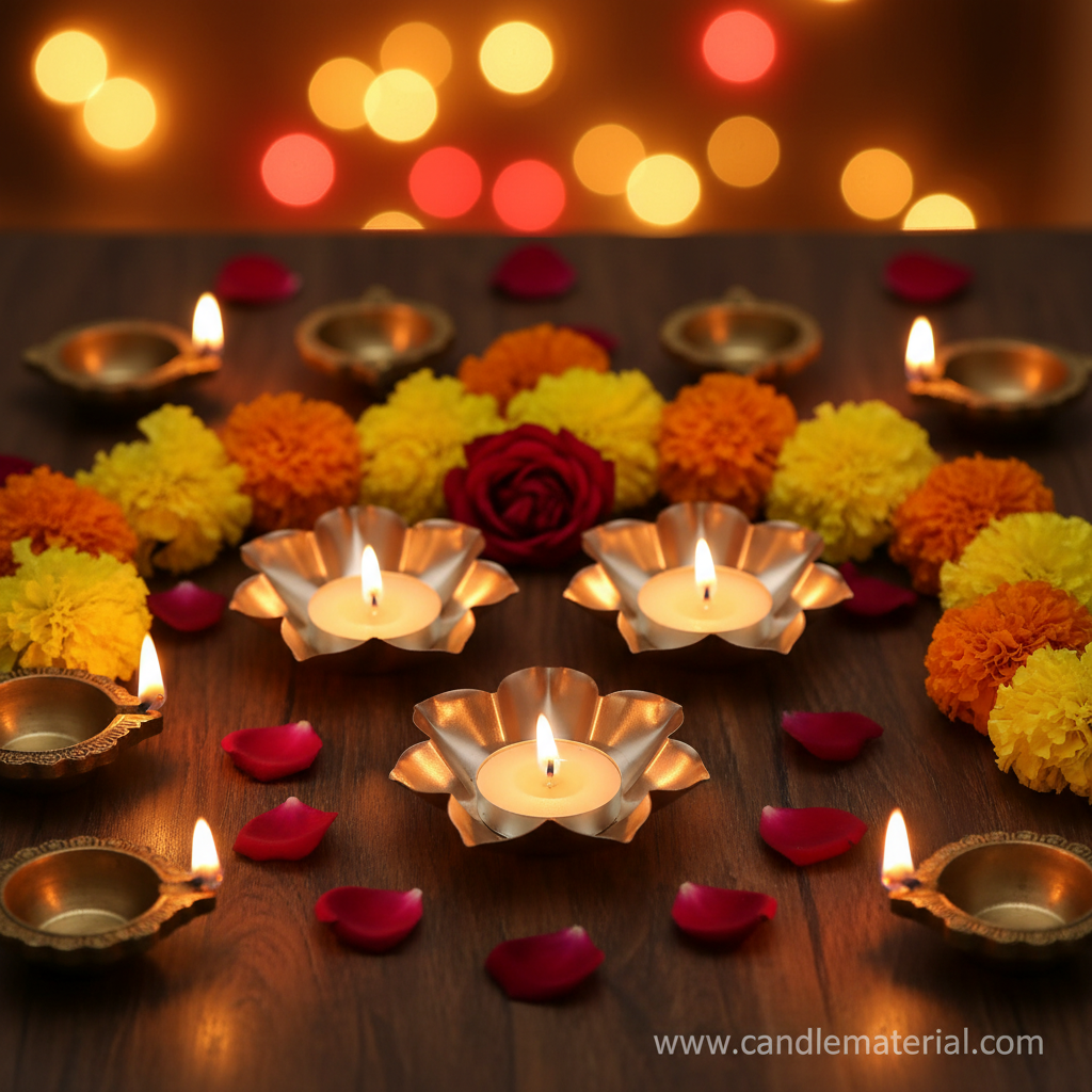 Lotus petal diya bowls in festive Diwali setup with marigold garlands
