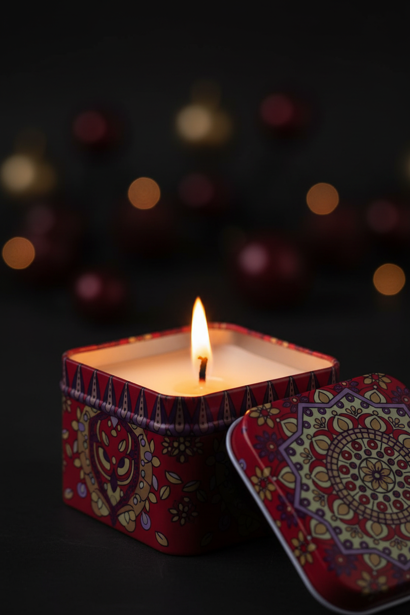 Single red square mandala candle tin hero close-up with glowing flame