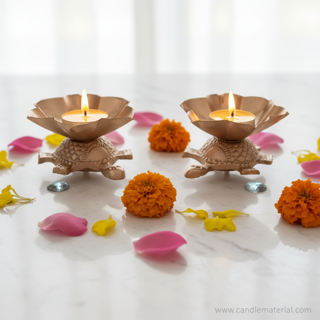Tortoise lotus diya holders with lit candles on marble surface with marigolds