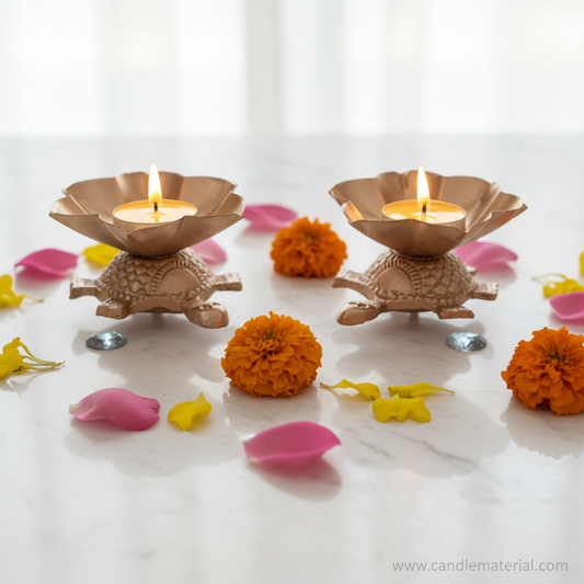 Tortoise lotus diya holders with lit candles on marble surface with marigolds