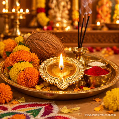 Gold kuber diya with lit flame on brass pooja thali with kumkum, incense and marigold garland