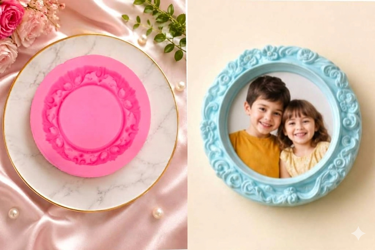 Round floral silicone frame mold and finished blue resin photo frame with children