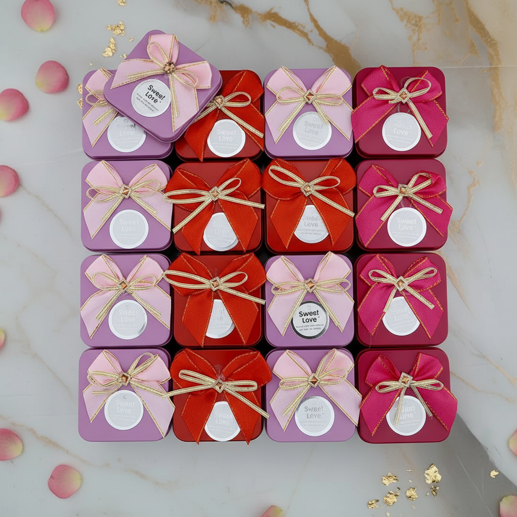 Sweet Love ribbon bow candle tins grid flat lay on white marble with rose petals and gold leaf
