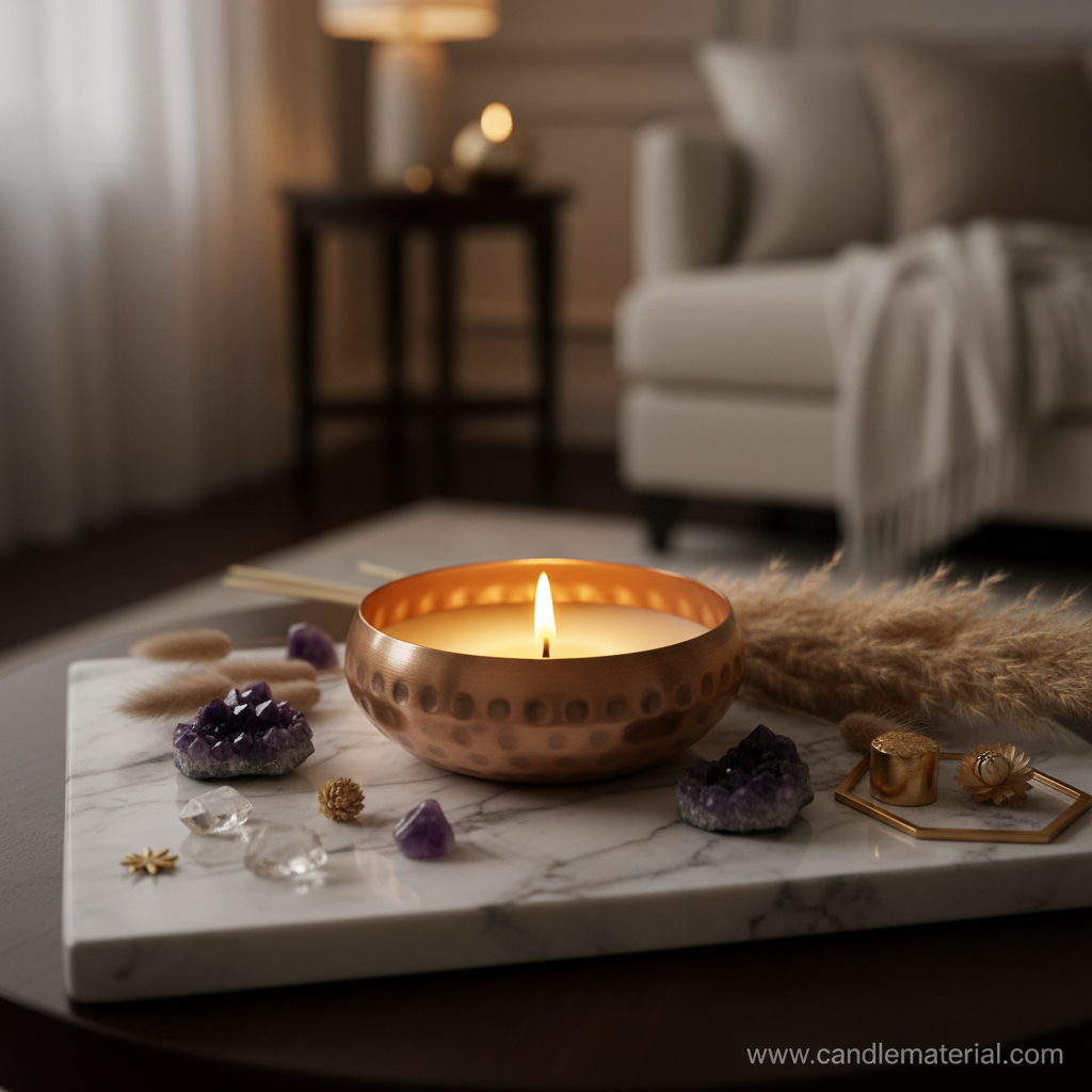 Large hammered copper bowl with lit candle in luxury home interior