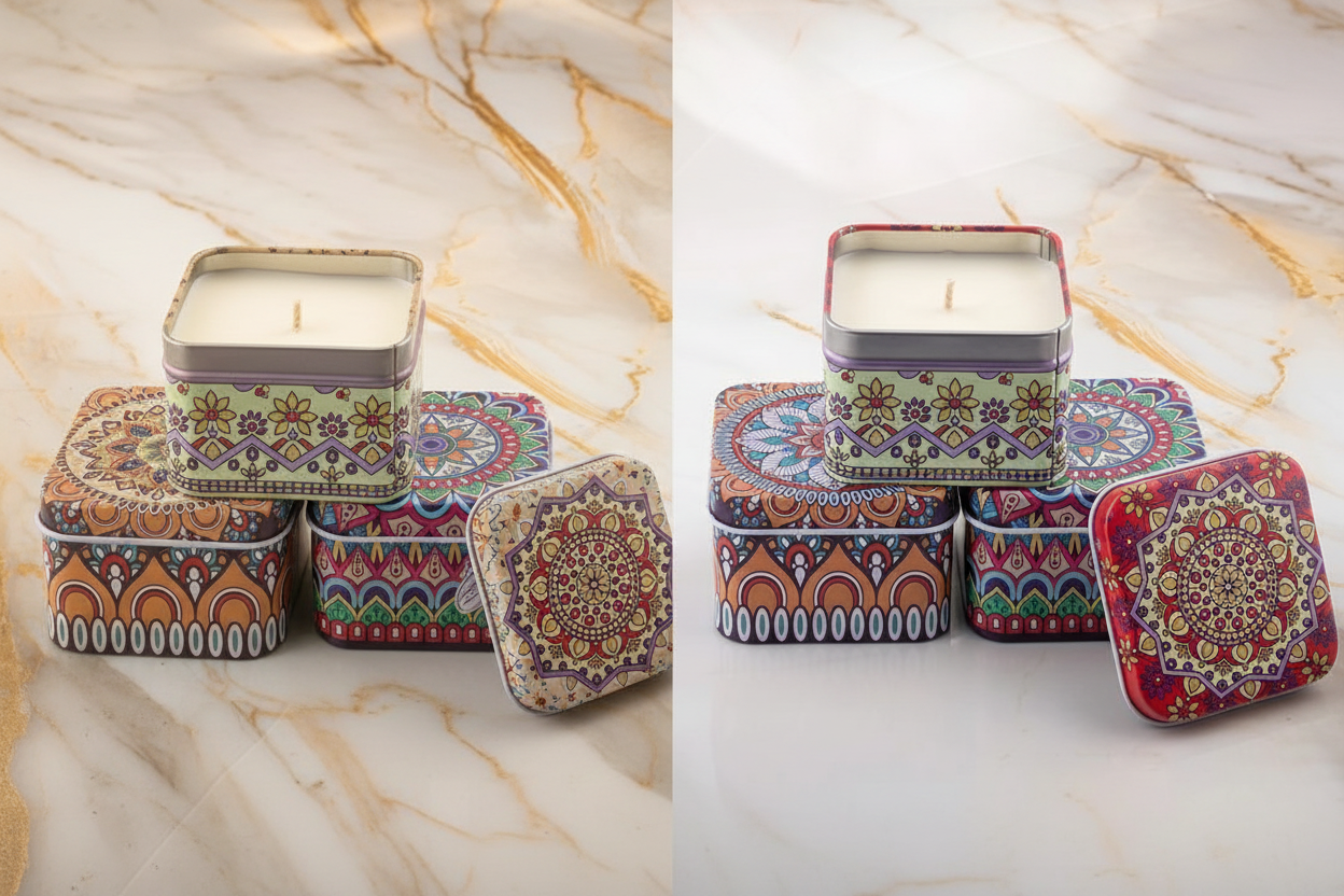 Square mandala candle tins stacked lifestyle on marble with open candle