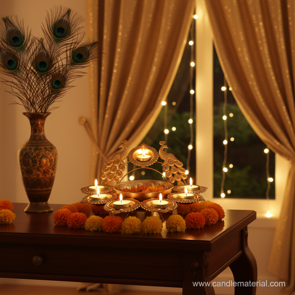 Gold twin peacock diya urli with 5 glowing diyas on console table in festive Indian home interior