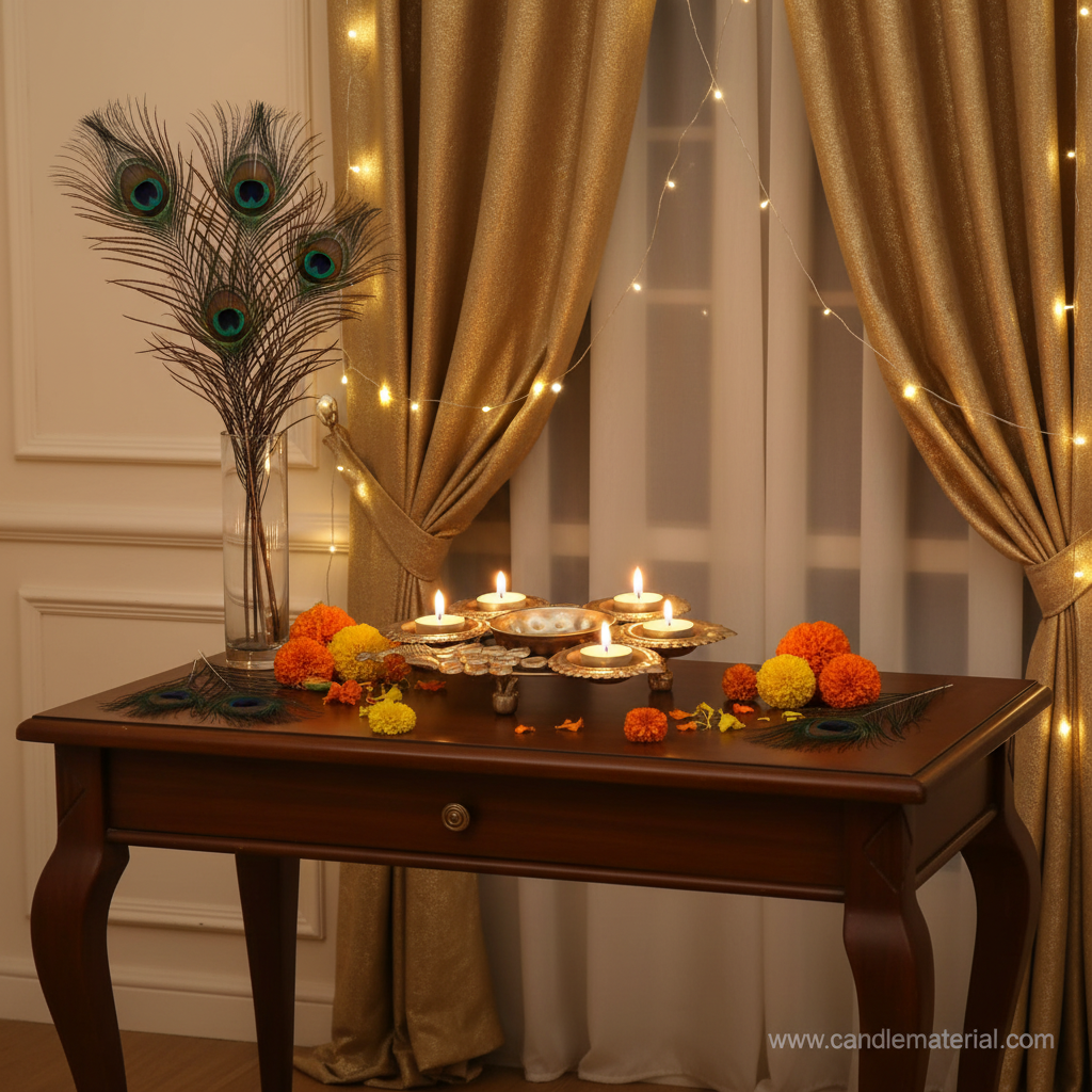 Gold compact twin peacock diya urli with 4 glowing diyas on console table in festive Indian home interior