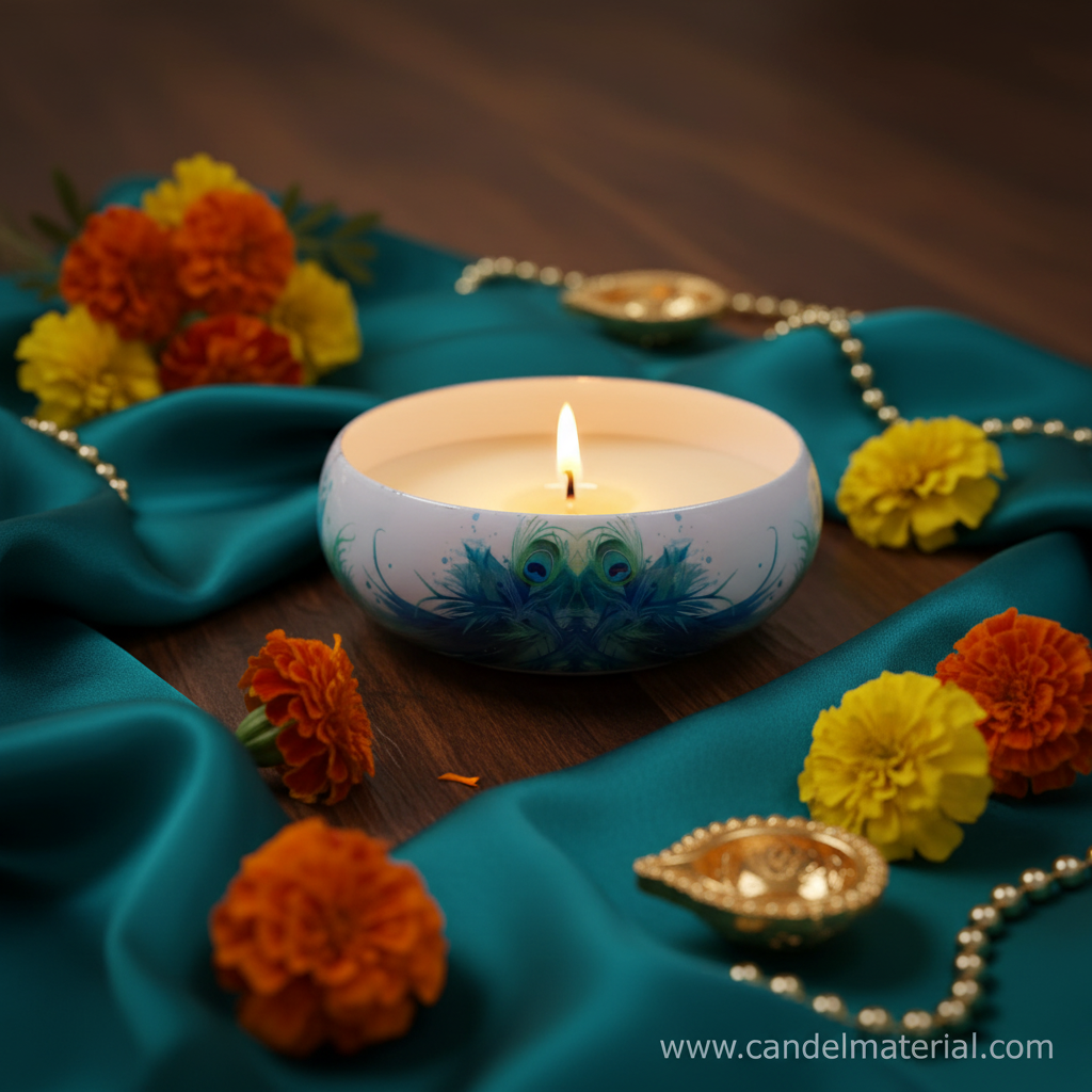 Peacock candle bowl in festive Indian setup with marigolds and teal silk