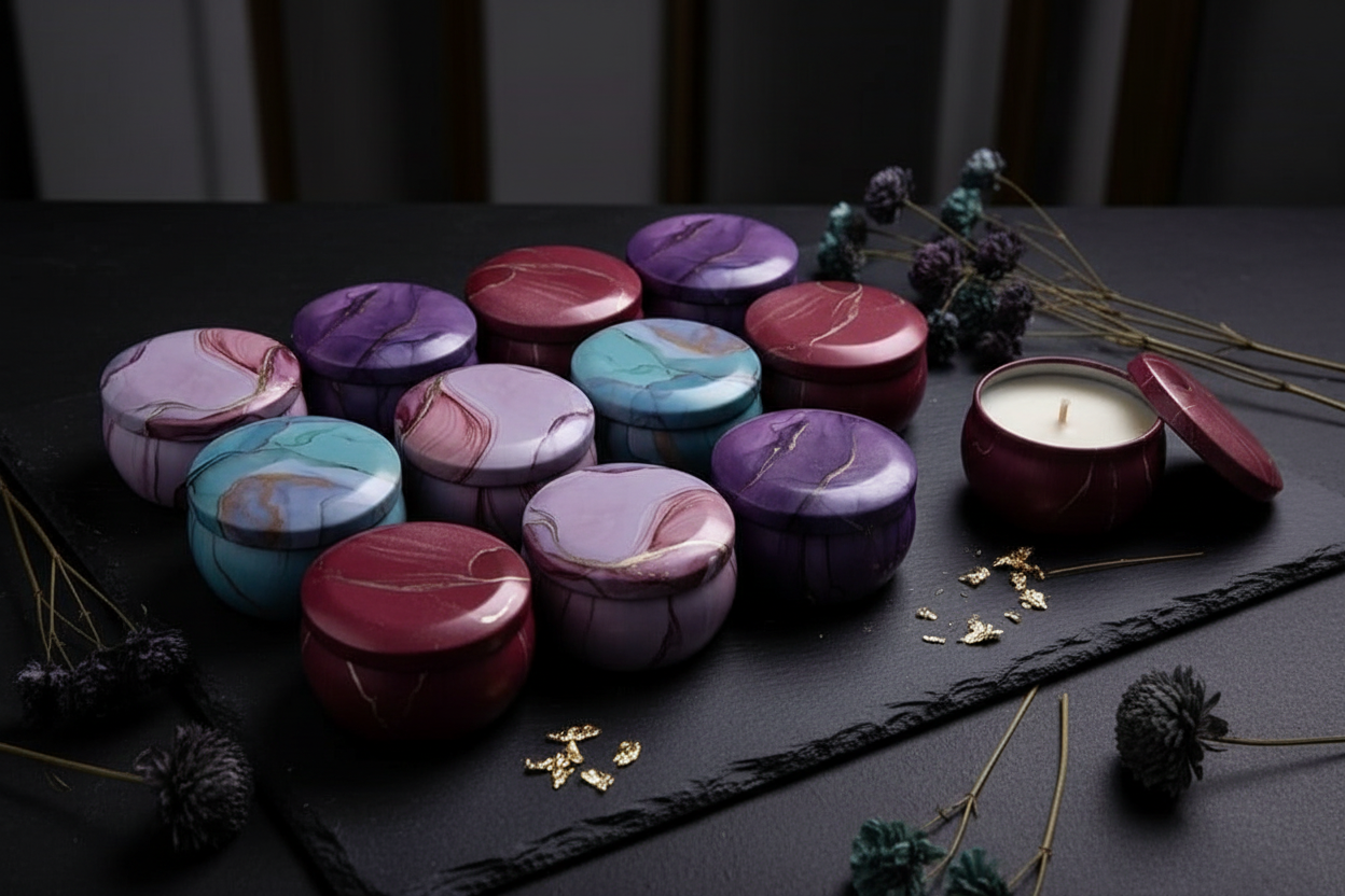 Marble candle tins lifestyle on dark slate with dried flowers
