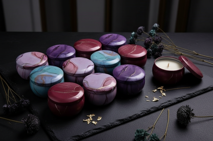 Marble candle tins lifestyle on dark slate with dried flowers