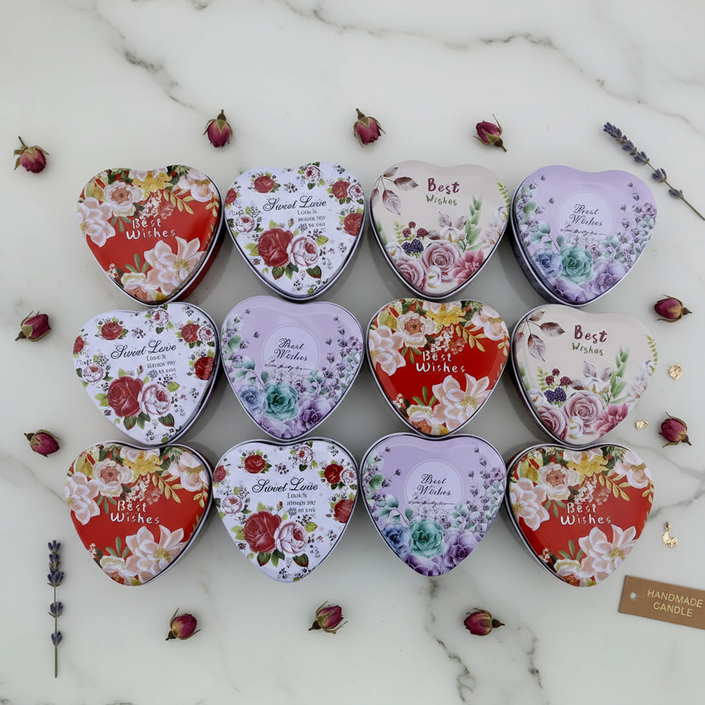 Floral heart candle tins grid flat lay on white marble with rose buds and gold leaf